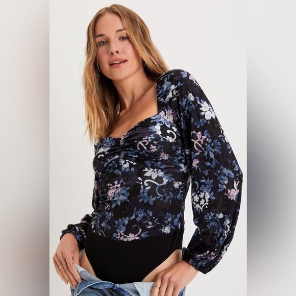 Lulus Divine Radiance Black Floral Burnout Velvet Long Sleeve Bodysuit, Size XS - Picture 2 of 10